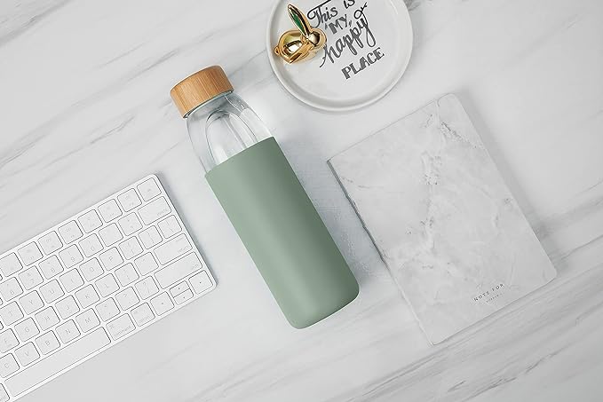 veegoal Glass Water Bottles 25 Oz Borosilicate with Bamboo Lid, BPA-FREE, Non-Slip Silicone Sleeve, and Stainless Steel Leak Proof Lid - Reusable Glass Bottle for Men and Women