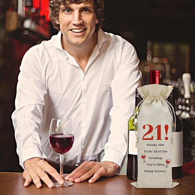 Sazuwu Funny 21st Birthday Gifts for Her Wine Bag 21 Year Old Birthday Gifts for Him Happy 21st Birthday Decorations Wine Bottle Storage Bag Born in 2003 Wine Accessories Gifts for Wine Lovers(Beige)