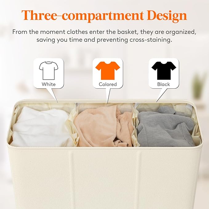 Lifewit Triple Laundry Hamper with Lid and Removable Laundry Bags, Large Collapsible 3 Dividers Dirty Clothes Basket with Handles for Bedroom, Laundry Room, Closet, Bathroom, College, 180L White