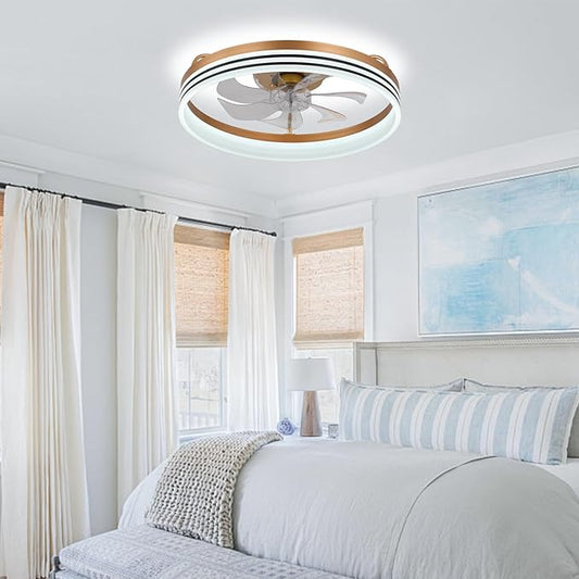 Modern Ceiling Fans with Lights and Remote,20 inch LED Flush Mount Ceiling Fans,Low Profile Ceiling Fan with Light Chandelier for Bedroom Living Room (Gold)