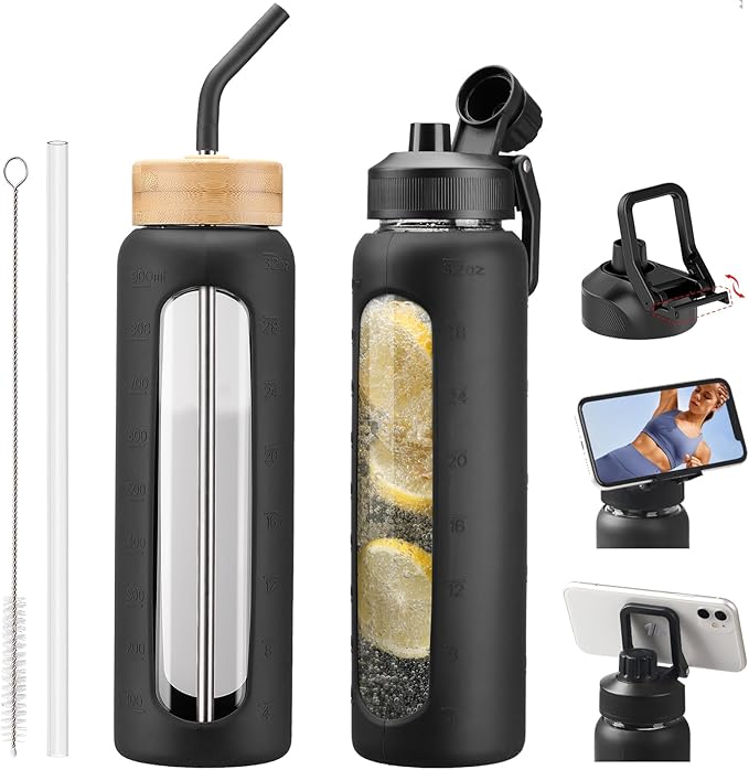 Glass Water Bottles with Straw -32oz- Water Bottle Phone Holder for Gym Large Motivational Water Bottle with Time Marker Glass Drinking Bottles 2 Lids - Spout & Bamboo Straw Lid(Black)