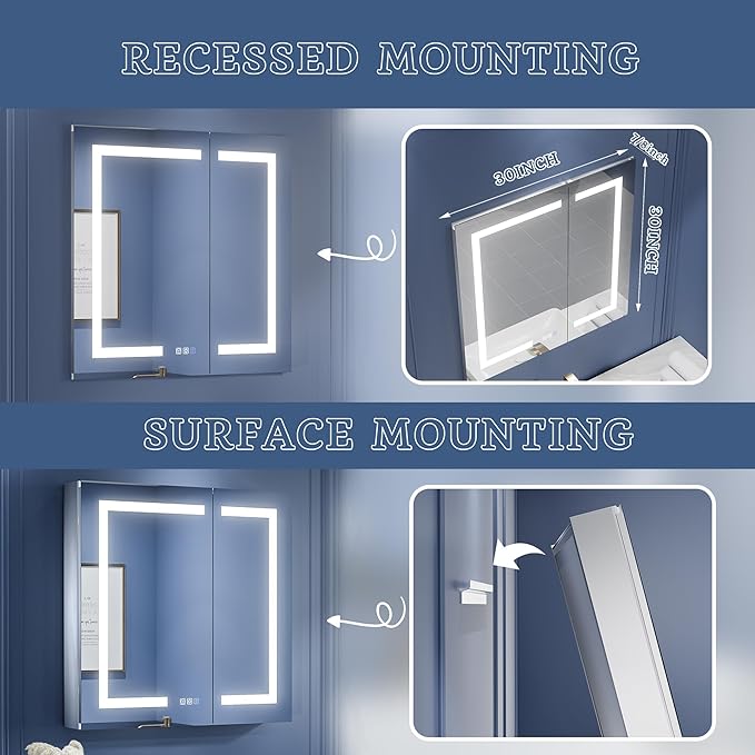 ExBrite LED Lighted Bathroom Medicine Cabinet with Mirror, 30 x 30 Inch, Recessed or Surface Mount, Anti-Fog, Stepless Dimming, Color Temperature Change, Built-in 6000K Sensor Light, Storage Shelves