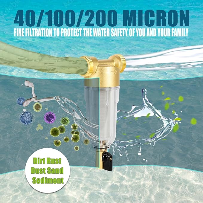 WHC40 Sediment Filter，40 & 100 & 200 Micron Spin Down Water Sediment Filter，Reusable Whole House Sediment Water Filter, Pre-Filtration System for Well Water 1" MNPT + 3/4" FNPT + 3/4"MNPT