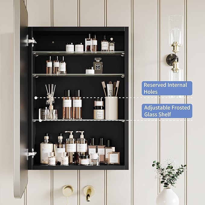 Bathroom Wood Black Cabinet with 20''x30'' Brushed Nickel Metal Frame Curved Mirror, Recessed Medicine Cabinet, Bathroom Storage Cabinet