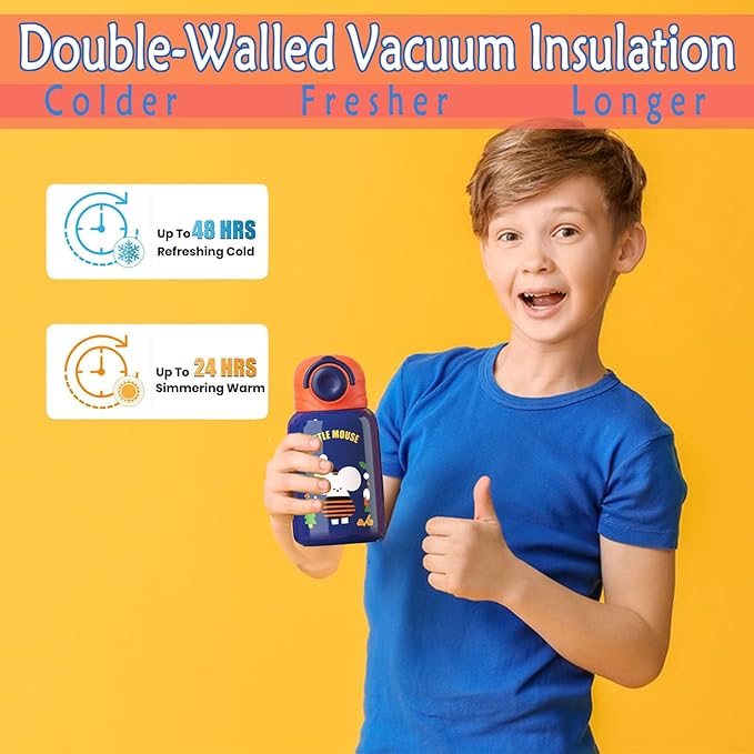 Cute Water Bottle with Sleeve and Straw, Kawaii and Vacuum Insulated Stainless Steel Metal Water Jug for School Camping Sports Travel (BLUE)