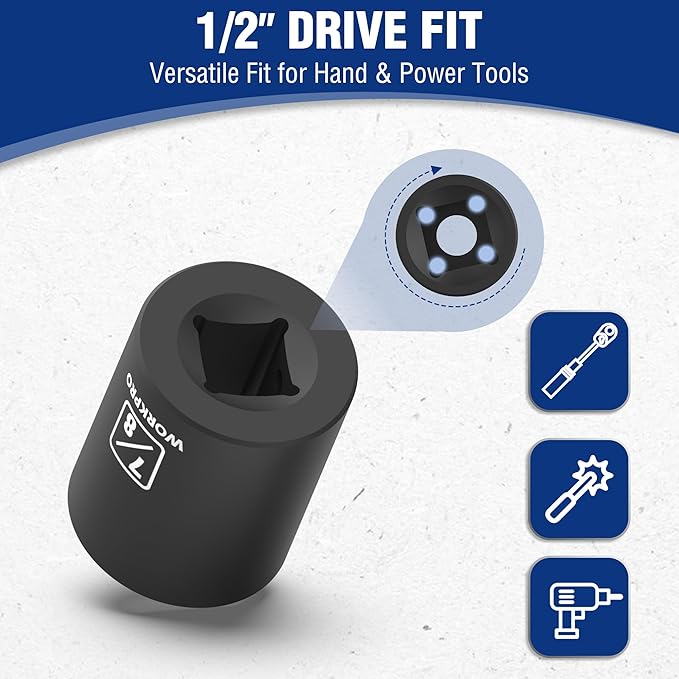 WORKPRO 1/2” Drive Shallow Impact Socket Set, SAE Cr-V Steel 6-Point Socket Set with Storage Case for Automotive Maintenance and Repairs (14PCS 3/8”-1-1/4")