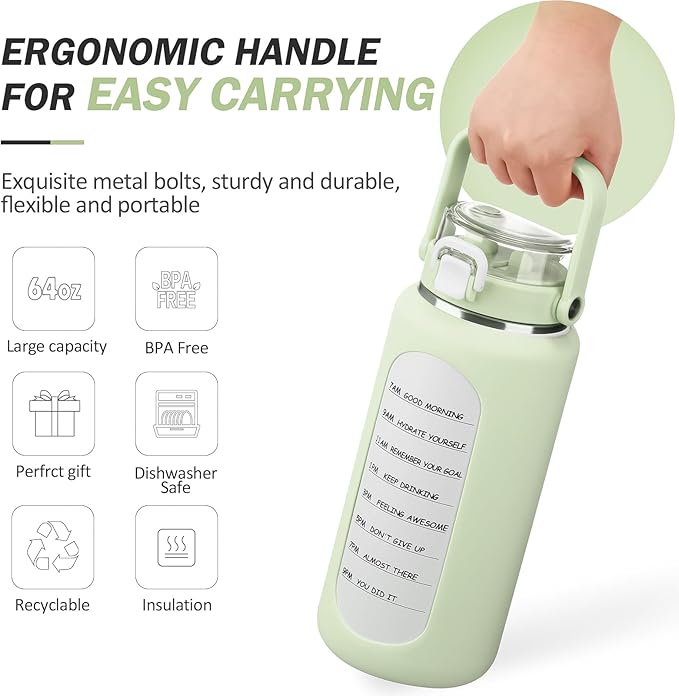 BLUEGO 64oz Insulated Water Bottle with Straw and Handle Leakproof Half Gallon Wide Mouth Motivational Water Bottle, 2-IN-1 Straw Spout Lid Stainless Steel Water Jug for Sport Travel Gym-Light Green