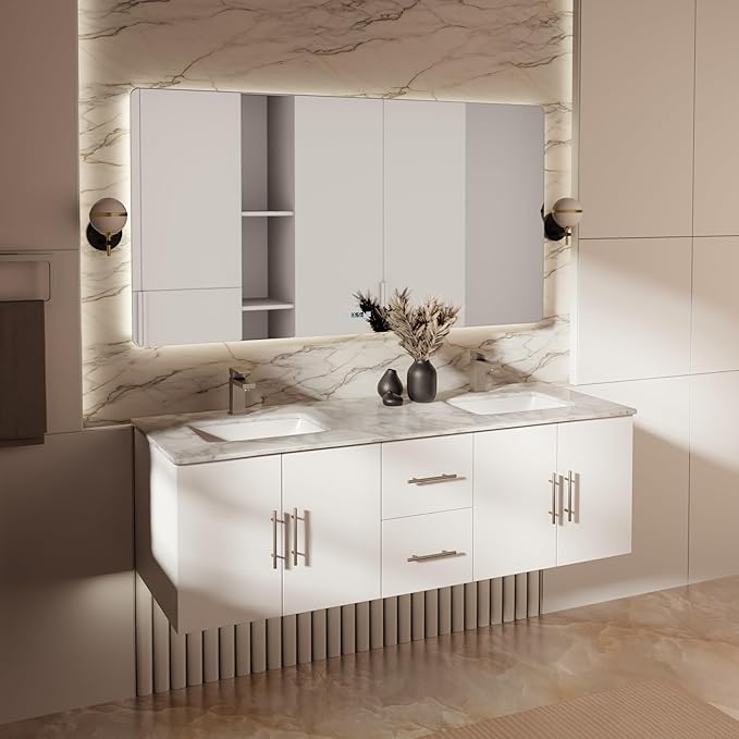 Sonoma 60 in. W x 22 in. D Glossy White Double Bath Vanity and Carrara Marble Top