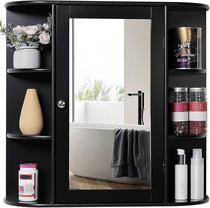 Iwell Bathroom Medicine Cabinet with Mirror, Wall Cabinet with 2 Adjustable Shelves & 6 Open Shelves, Bathroom Cabinet Wall Mounted, Over The Toilet Space Saver Storage Cabinet, Black