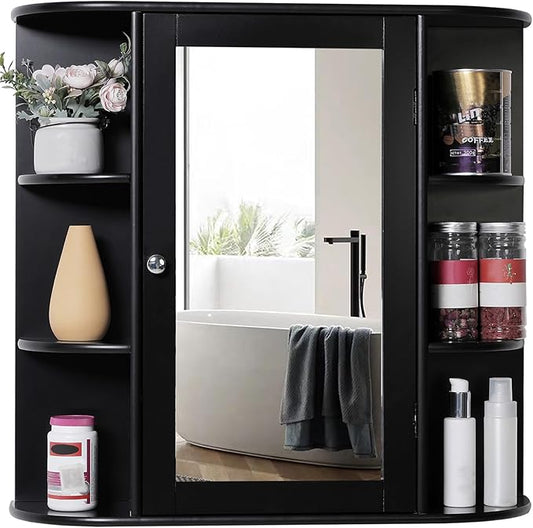Iwell Bathroom Medicine Cabinet with Mirror, Wall Cabinet with 2 Adjustable Shelves & 6 Open Shelves, Bathroom Cabinet Wall Mounted, Over The Toilet Space Saver Storage Cabinet, Black