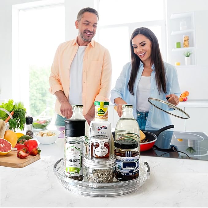 Clear Lazy Susan Organizer Turntable for Cabinet Table Top, 9.25 Inch 2 Pack 360 Rotating Spinning Makeup Organizer for Vanity, Kitchen Storage Rack Heavy-Duty Pantry Spices Tray Countertop Organizer