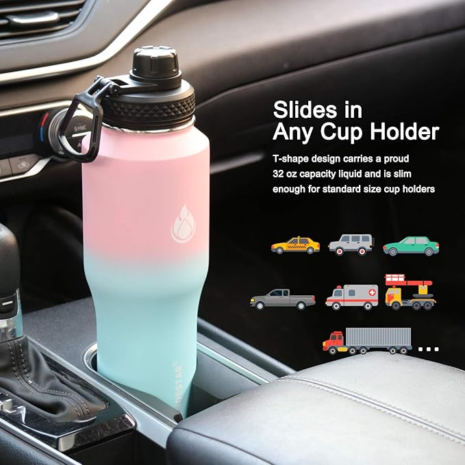 SENDESTAR Water Bottle 32oz,2 Lids(Straw lid),Wide Mouth Stainless Steel Vacuum Insulated Double Wall Keep Liquids Cold or Hot All Day,Sweat Proof Sport Design,Fit Car Cup Holder(Peach&Blue)