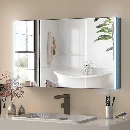 40x28 Inch Medicine Cabinet with Light, AL Alloy Frame, Full-Assembled Bathroom Mirror Cabinet with Brightness Adjustable and Storage, Led Medicine Cabinet Mirrored with Recessed, Black