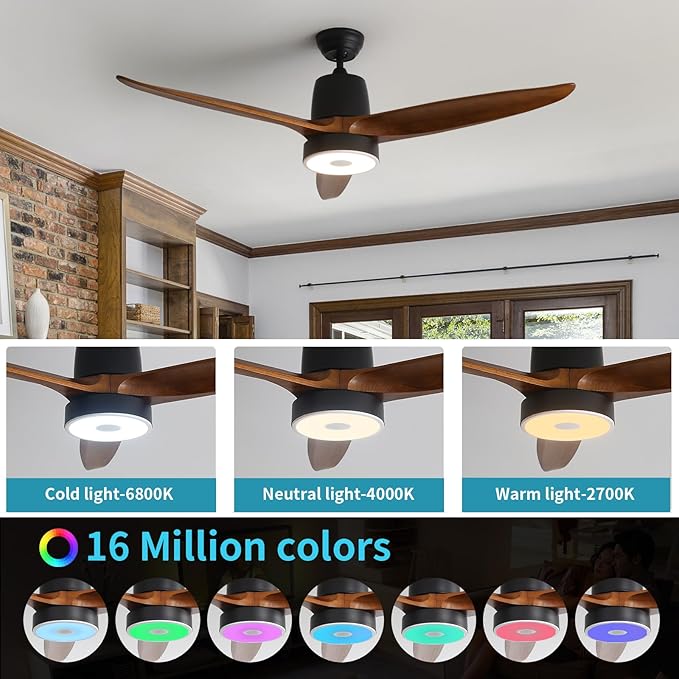 52 Inch Wood Ceiling Fan with RGB Dimming LED Light,with Music Bluetooth Speaker,Remote Control,3-Speed Regulation, Reversible Motor,Timing,for Living Room,Bedroom,Restaurant,Outdoor