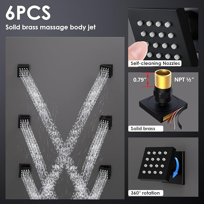 Enga Thermostatic Shower System 16 inch Rain Shower Head with 6 Body Spray Jets, Can Use All Functions At a Time (Volume Adjustable), Matte Black