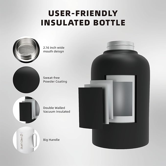 64oz Insulated Water Bottle With Handle, Stainless Steel Thermos With Straw, Water Bottle Holder With Strap, Half Gallon Water Jug, For Water, Iced Tea Or Coffee, On Gym (White)