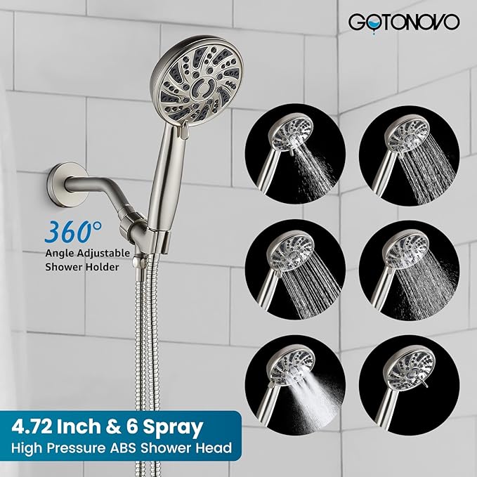gotonovo Bathroom Shower Head Kit High Pressure Combo System Shower Faucet 6 Modes ABS Handheld Spray Shower Trim Kit Valve Included Shower Head and Handle Set Brushed Nickel