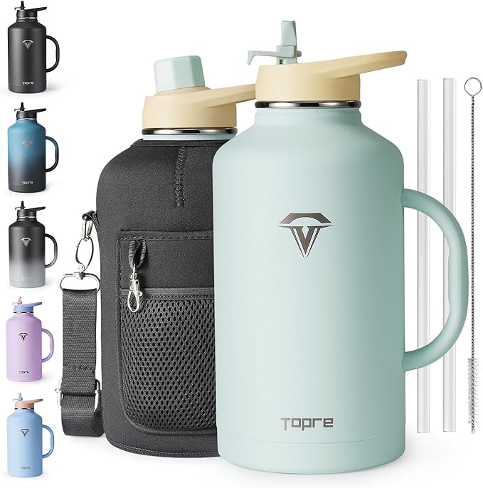 Half Gallon Water Bottle with Handle and Carry Pouch,64 oz Stainless Steel Insulated Jug Flask with Straw Lid Spout Lid,Reusable Metal Water Bottle Mug Tumbler Cup,Keep Cold & Hot,Green