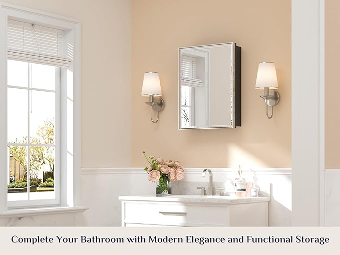 Keonjinn 21" x 27" Medicine Cabinets with Mirror for Bathroom, Brushed Nickel Recessed or Surface Wall-Mounted Aluminum Alloy Framed Beveled Mirror, Farmhouse Bathroom Mirror with Storage Cabinet