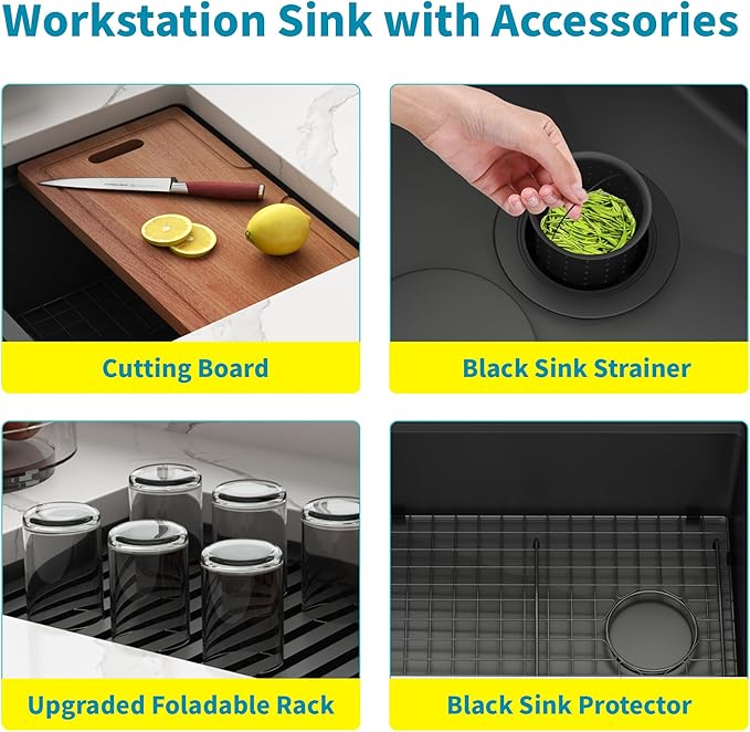 Black Undermount Kitchen Sink,16 Gauge Stainless Steel Sinks,Single Bowl Workstation Sink,Modern Kitchen Sink Offset Drain (23" X 18")