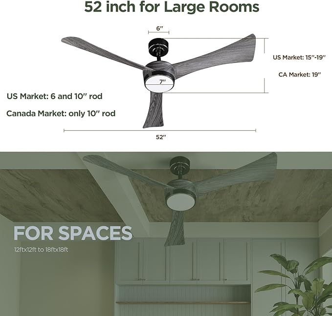 Ceiling Fan with Light Remote: 52 Inch Modern Bedroom Fans with Dimmable Tri-Color Temperatures LED - Water Transfer Printing 3 Blades (Brushed Nickel+Gray-3)