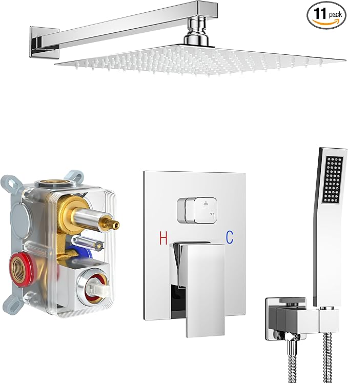 Shower Faucet Set, Shower System with 10 Inch Rain Showerhead and Handheld Shower, Wall Mounted High-Pressure Showerhead Combo Set Included Valve and Trim, Polished Chrome