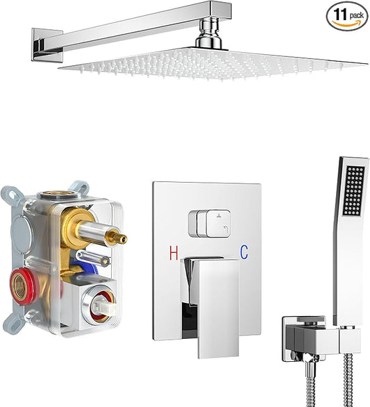 Shower Faucet Set, Shower System with 10 Inch Rain Showerhead and Handheld Shower, Wall Mounted High-Pressure Showerhead Combo Set Included Valve and Trim, Polished Chrome