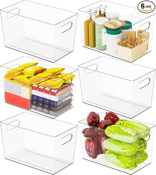 6 Pack Plastic Clear Bins for Organizing- With Handle -11″ Large Pantry Organizer Bins for Shelves Snack,Food or Cleaning Supplies,Fridge Organizers and Storage,Acrylic Kitchen Storage Containers