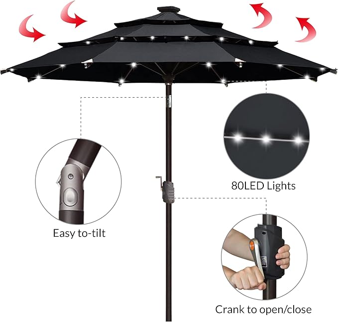 EliteShade USA 10-Year-Non-Fading Solar 9ft 3 Tiers Market Umbrella with 80 LED Lights Patio Umbrellas Outdoor Table with Ventilation,Black