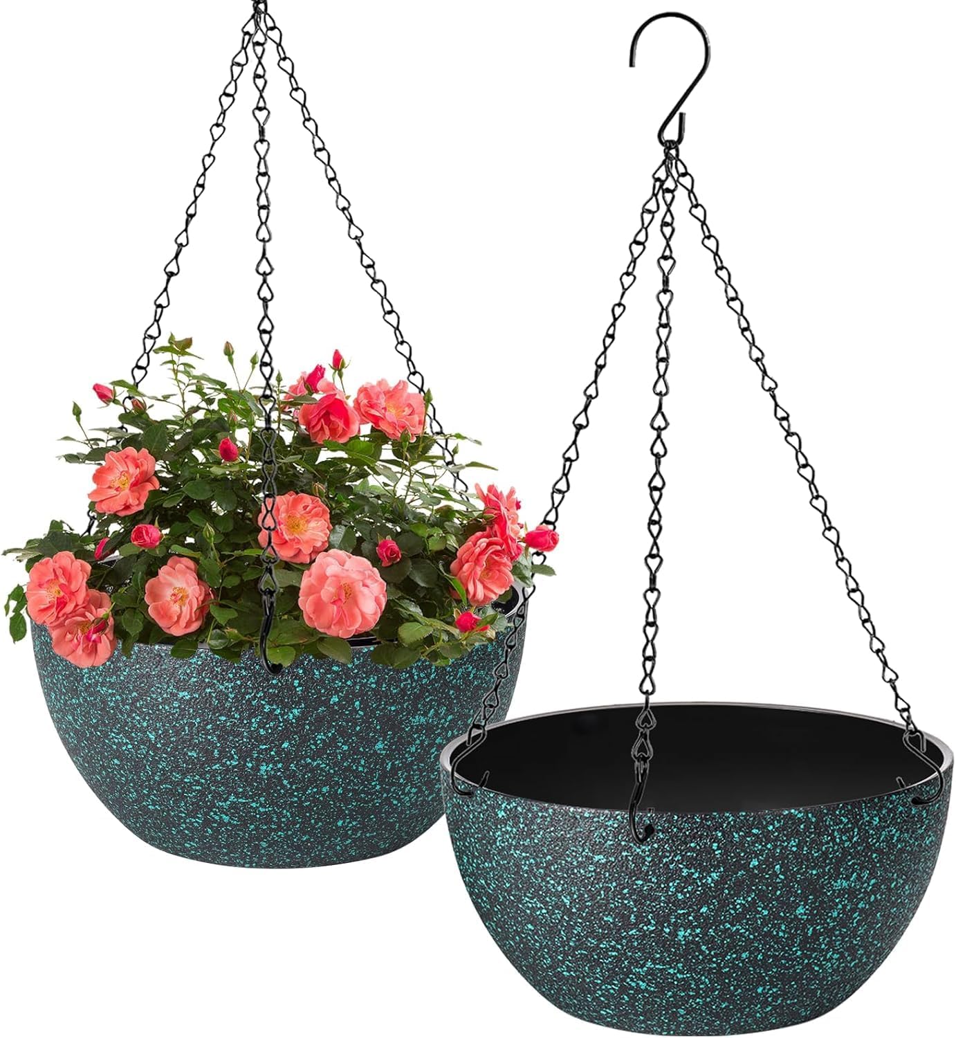 13 inch Hanging Planters for Indoor Plants, 2 Pack Planters for Outdoor Plants with Drainage Holes and Chain, Round Plastic Hanging Baskets, Hanging Flower Pots for Balcony Garden-Black Speckle