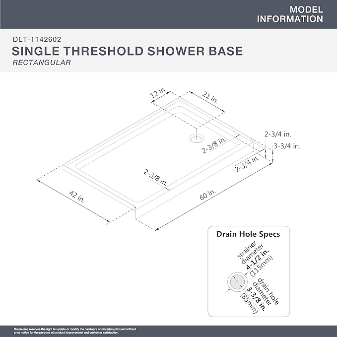 DreamLine SlimLine 42 in. D x 60 in. W x 2 3/4 in. H Right Drain Single Threshold Shower Base in White