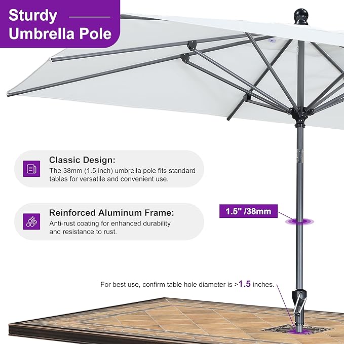 PURPLE LEAF 10' x 6.5' Rectangular Patio Umbrella Outdoor Table Umbrella Aluminum Frame Market Umbrella Sun Umbrella with 8 Sturdy Ribs Tilt for Garden Deck Lawn Pool White