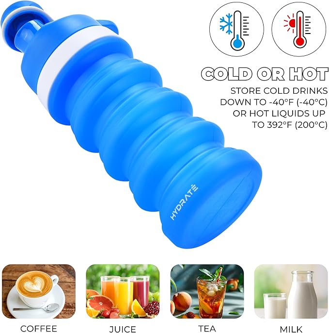 Hydrate Collapsible Water Bottle, 14.2oz - Expandable from 4.3" to 7.4" - Portable Silicone Leakproof Folding Cup - Flexible Liquid Container - Reusable Blue Drink Storage for Travel - Secure Drinking