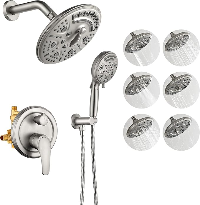 SHAMANDA 15-Function Shower System with Valve and Trim, Bathroom Luxury Shower Faucets Sets Complete with 9 Setting Handheld showerhead & 6 Setting Rain Shower, Wall mounted, Brushed Nickel, L8082-2