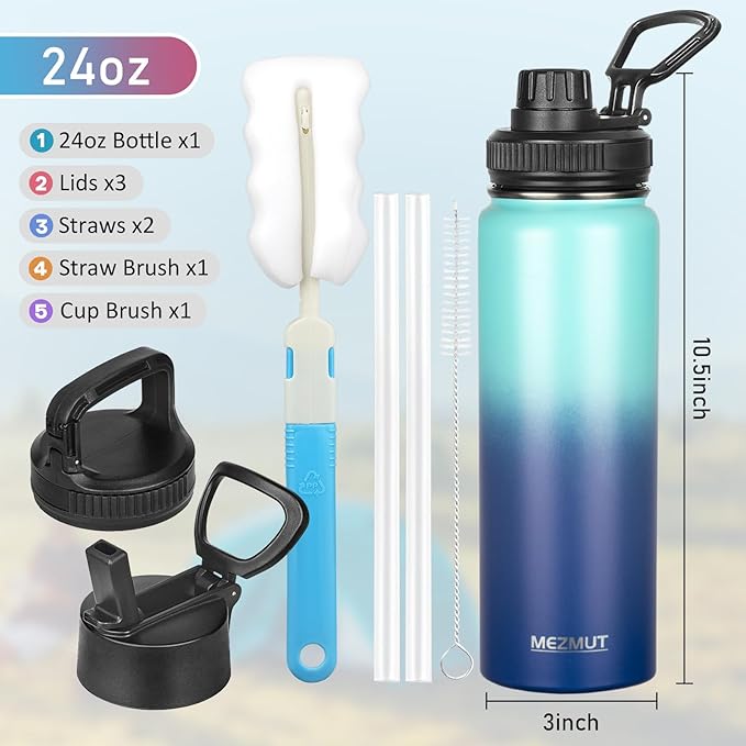 Insulated Water Bottle 24oz Stainless Steel Water Bottles with Straw&3 Lids Sports Metal Water Bottle Thermos Cup Double Walled Vacuum Insulated Bottles Leak-Proof Travel (Gradient Blue)