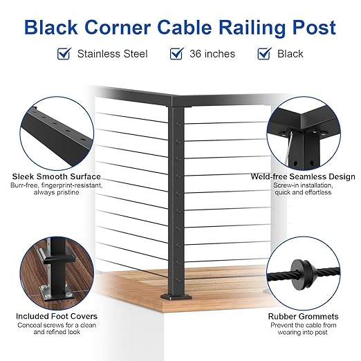 36" Cable Railing Corner Post (35"x2"x2"), 3-Side T-Drilled Flat Top Surface Mount Black Corner Post, T304 Stainless Steel One-Post Corner Solution for Indoor Outdoor, MY11