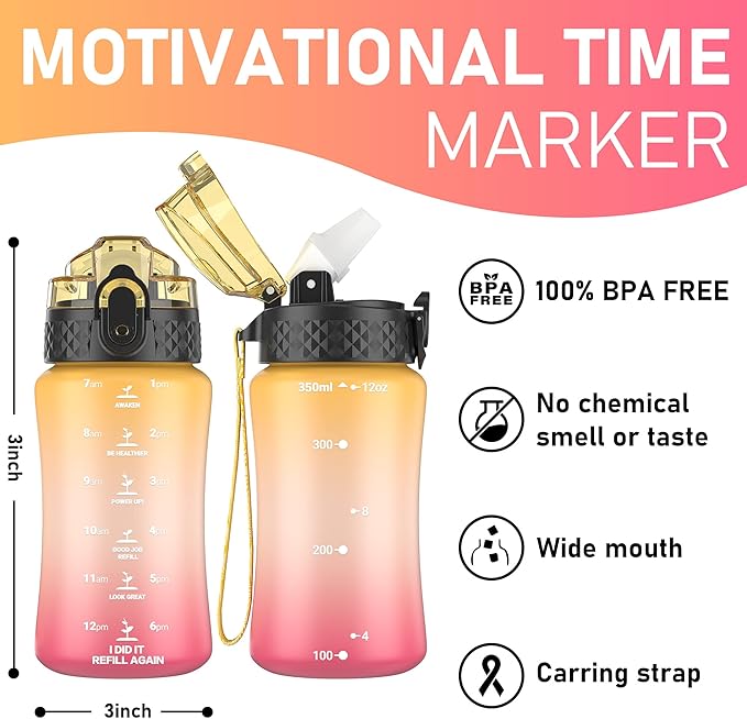 GOPPUS Kids Water Bottle with Straw Spout Lid 10pcs Stickers 12 oz Leak-proof BPA Free Motivational Time Marker Tritan Plastic Water Bottles for Girls Boys School Sports