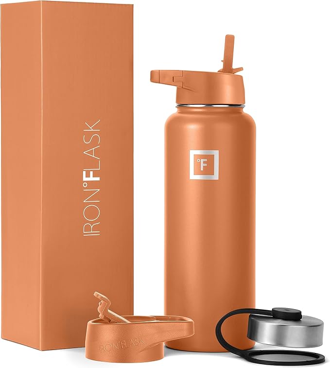 IRON °FLASK Sports Water Bottle - Wide Mouth with 3 Spout Lids - Stainless Steel Gym & Outdoor Bottles for Men, Women & Kids - Double Walled, Insulated Thermos, Metal Canteen - Clementine, 40 Oz