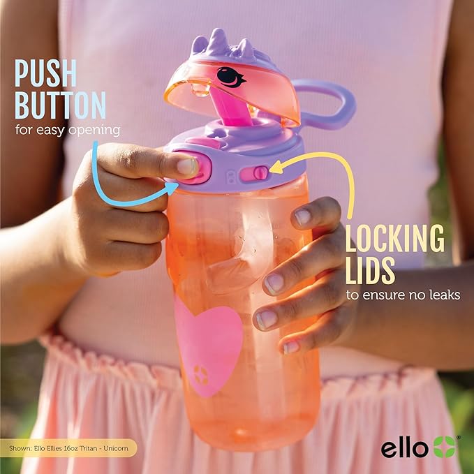 Ello Ellies 16oz Plastic Kids Water Bottle with Straw and Built-in Carrying Handle and Leak-Proof Locking Lid for School backpack, Lunchbox and Outdoor Sports
