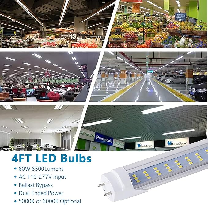 25-Pack, T8 T10 T12 LED Tube Lights, 60W 6500LM, 6000K Cold White, Led Bulbs 4 Foot 3 Rows, Super Bright, Dual Ended Power, Remove Ballast, Clear Cover