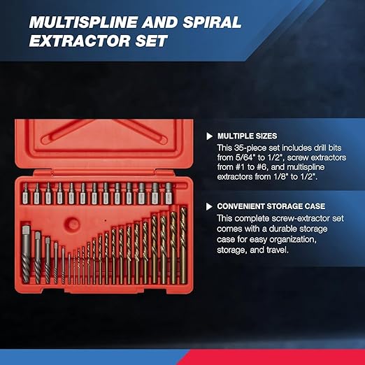 NEIKO 04206A Screw-Extractor Set, Broken Bolt Remover, Multispline and Spiral Extractors for Stripped Screws, Studs, Fittings, and Lugs, Left-Hand Drill Bits, 5/64" to 1/2", 35-Piece Set