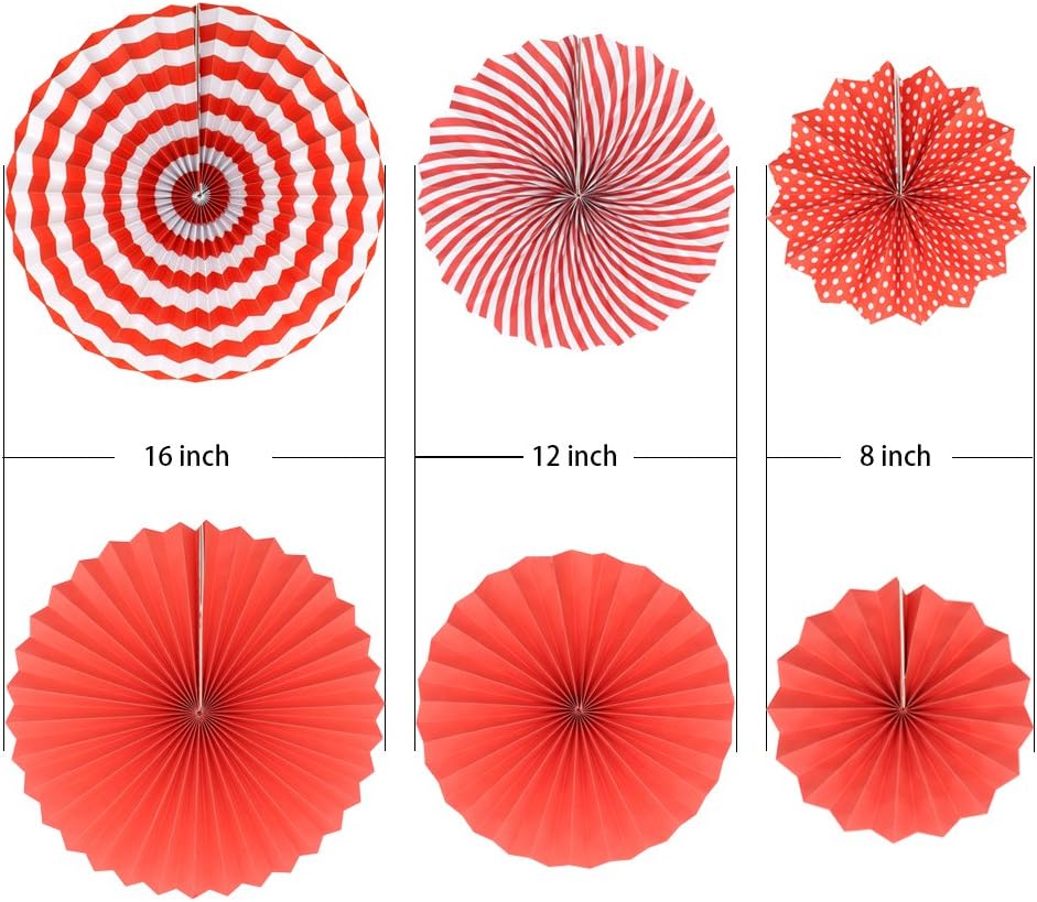 Party Hanging Paper Fans Set, Red Round Pattern Paper Garlands Decoration for Birthday Wedding Graduation Events Accessories, Set of 6
