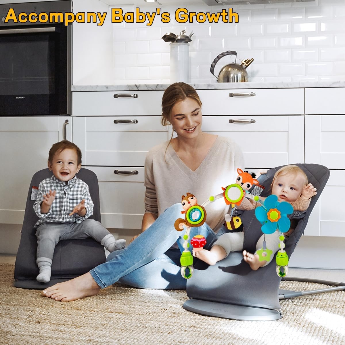 Baby Stroller Arch Mobile, Adjustable Musical Cirb Mobile Toys with Universal Clamps, Versatile Activity Toy Bar for Baby Bouncer Infant Car Seat Toy Stroller Toys Mobile for Bassinet Crib - Orange