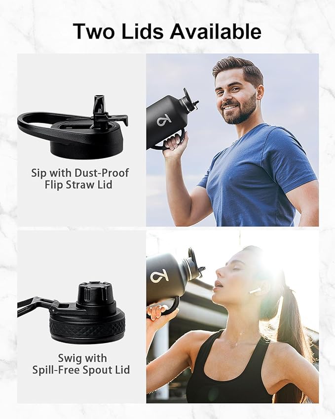 Trebo 128 oz Water Bottle Insulated with Handle, One Gallon Stainless Steel Metal Large Jug, Travel Flask with Straw Spout Lid, Mug Tumbler Cup with Carry Pouch, Keep Cold Hot, Black