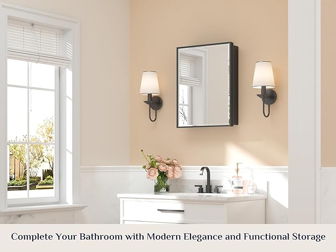 Keonjinn 21" x 27" Black Medicine Cabinet for Bathroom, Recessed or Surface Wall-Mounted Aluminum Alloy Framed Beveled Mirror with Storage, Mirrored Cabinets with 2 Adjustable Shelves for Bath Modern