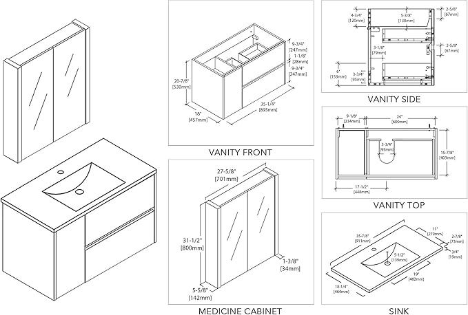 Blossom Single Bathroom Vanity with Ceramic Sink and Mirror Medicine Cabinet | All Wood Floating Vanity Cabinet | 2 Soft-Closing U-Shaped Cutout Drawers | 36 inch, Silver Grey