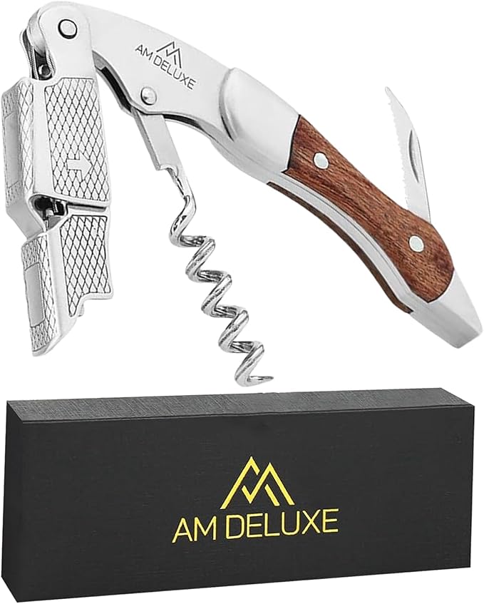 Premium AM DELUXE Waiter Corkscrew Wine Opener - Wine Key For Servers Bartenders, Heavy Duty Stainless Steel With Rosewood Inlay, Serrated Foil Cutter, Cork Screw Wine Bottle Opener, Magnetic Gift Box
