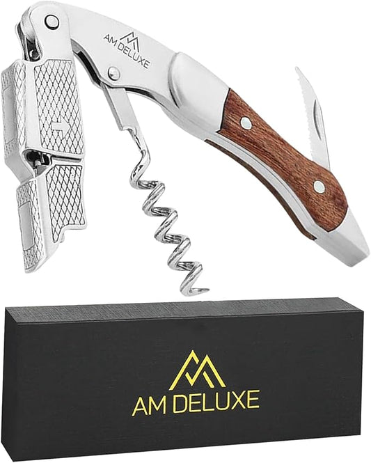 Premium AM DELUXE Waiter Corkscrew Wine Opener - Wine Key For Servers Bartenders, Heavy Duty Stainless Steel With Rosewood Inlay, Serrated Foil Cutter, Cork Screw Wine Bottle Opener, Magnetic Gift Box