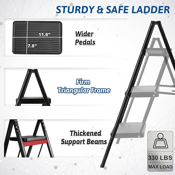 Double Elite Step Ladder 3 Step Folding, Sturdy 330 Lbs Small Step Stool for Adults, Safer Full Steel Multi-use Kitchen Ladder for Home, Closet Step Stool Ladder with Anti-Slip Wide Pedals, Black