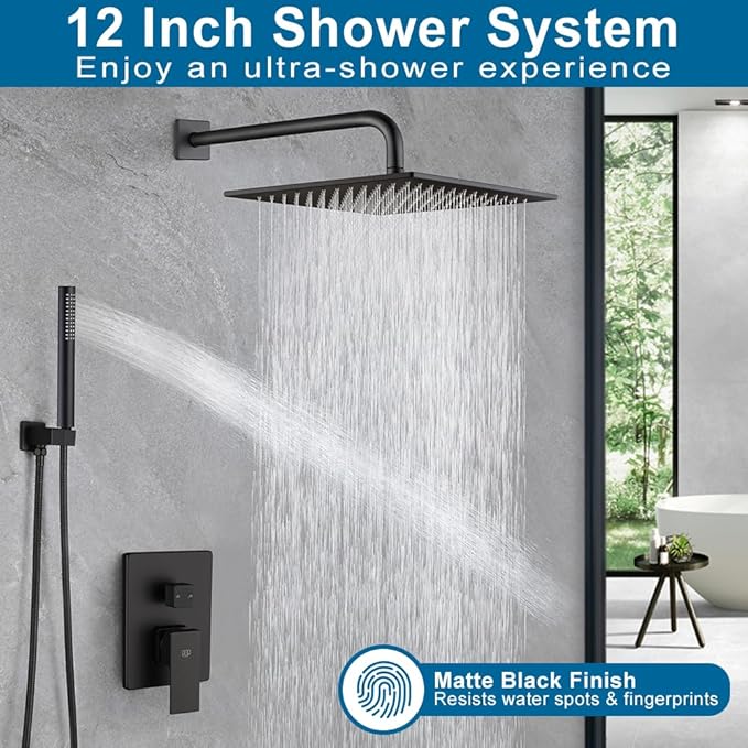 POP SANITARYWARE Matte Black Shower Faucet Set Rainfall 12 Inch Shower Head and Handle Set Bathroom Rain Shower System Wall Mounted Shower Fixture Include Shower Valve and Trim Kit